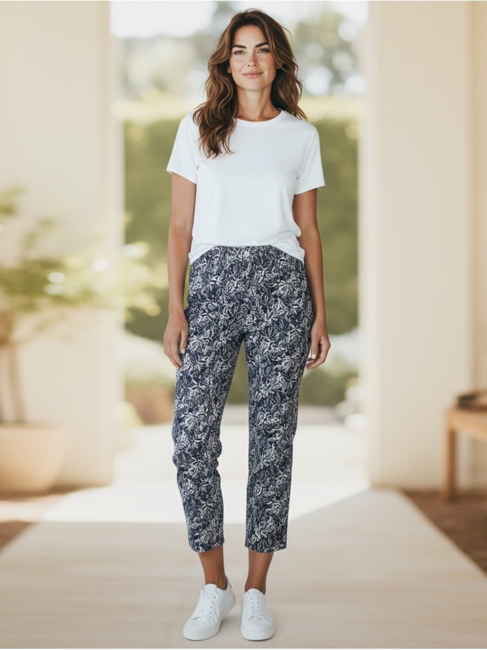 Weekends by Chico’s Navy Floral Print Casual Lightweight Pant Women’s SZ M or 10